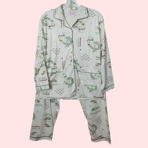 Hello Kitty Printed Pajama Set Women Button-Up  &  Pants  Soft Green Medium